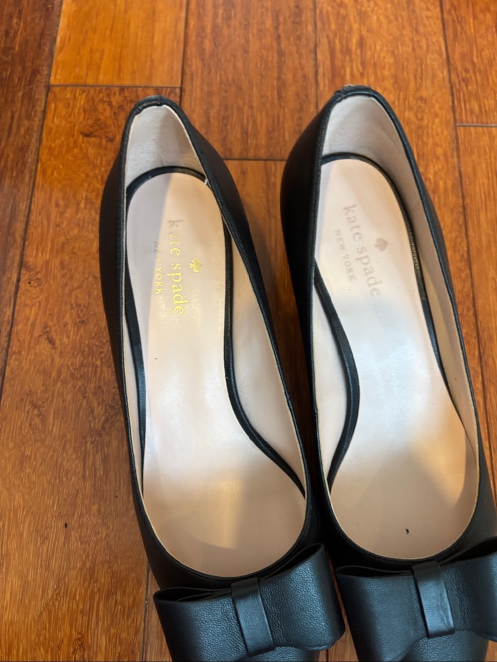 kate spade Black Leather Block Heel Pumps with Bow Accent - Picture 2 of 8